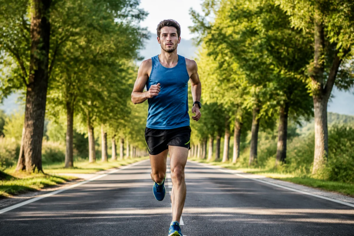 Coureur athlétique en plein effort sur une route arborée pour maintenir son allure semi-marathon lors d'une course.