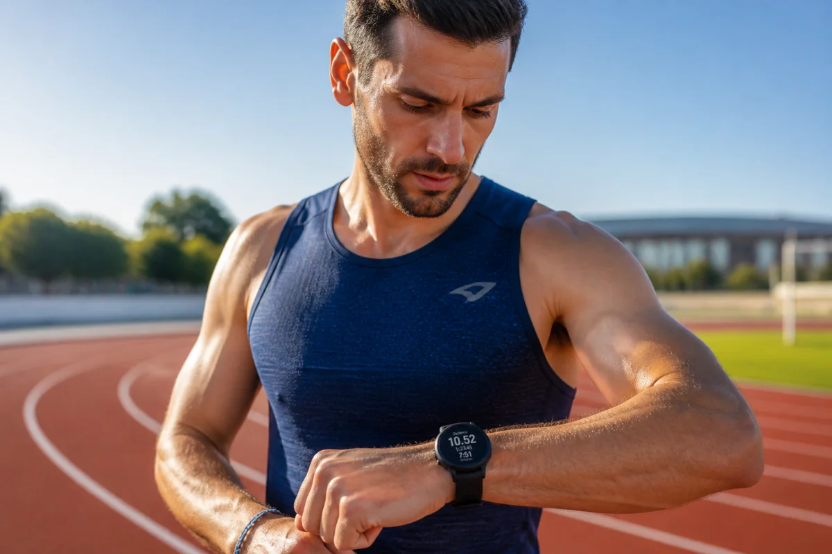 Coureur athlétique consultant sa montre connectée sur une piste d'athlétisme pour optimiser son allure semi-marathon.