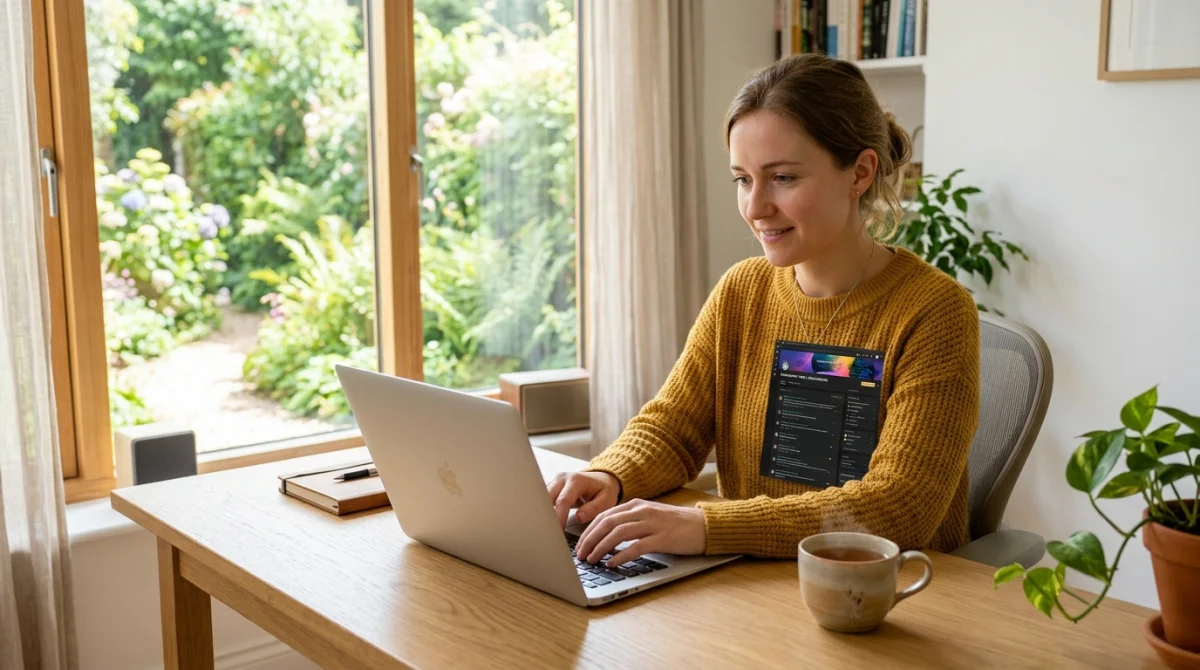 Utilisateur enthousiaste consultant le forum Allez Brest sur son ordinateur portable dans un espace de travail lumineux.
