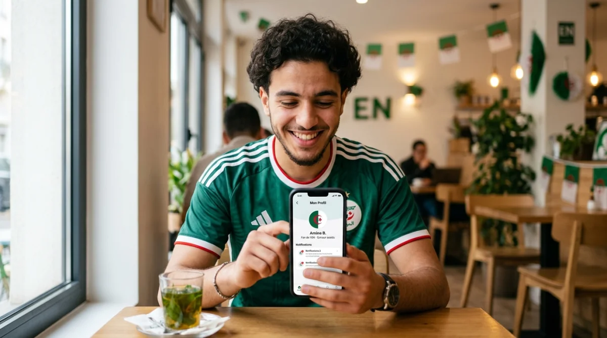 Jeune fan algérien souriant consultant le forum Dzfoot sur son smartphone dans un café moderne et lumineux.