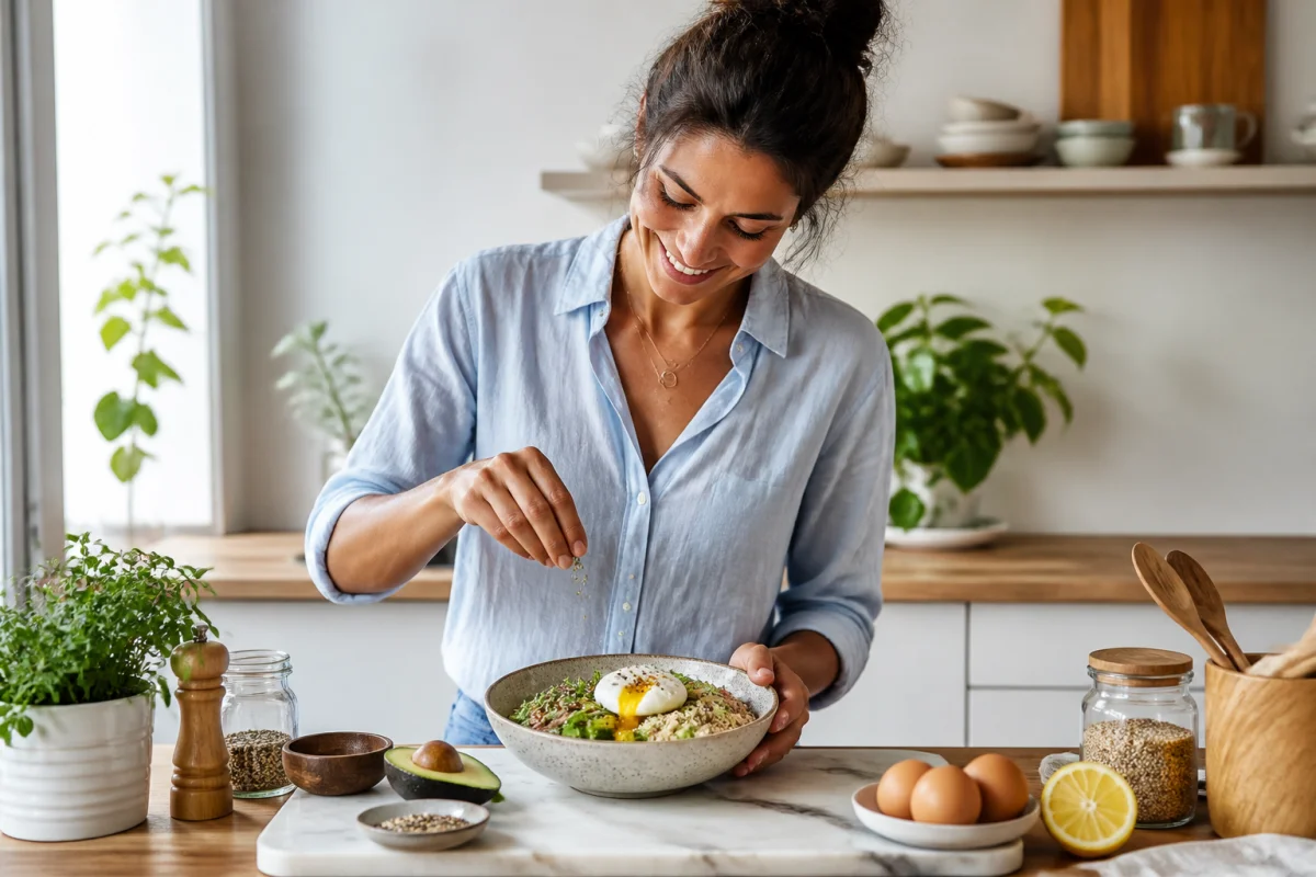 Femme athlétique préparant un bol équilibré riche en protéines pour optimiser son apport quotidien en nutriments.