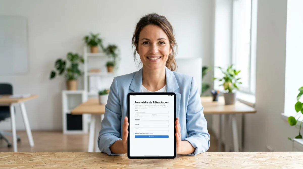 Personne souriante remplissant un formulaire de rétractation Basic-Fit de 14 jours sur une tablette dans un bureau moderne.