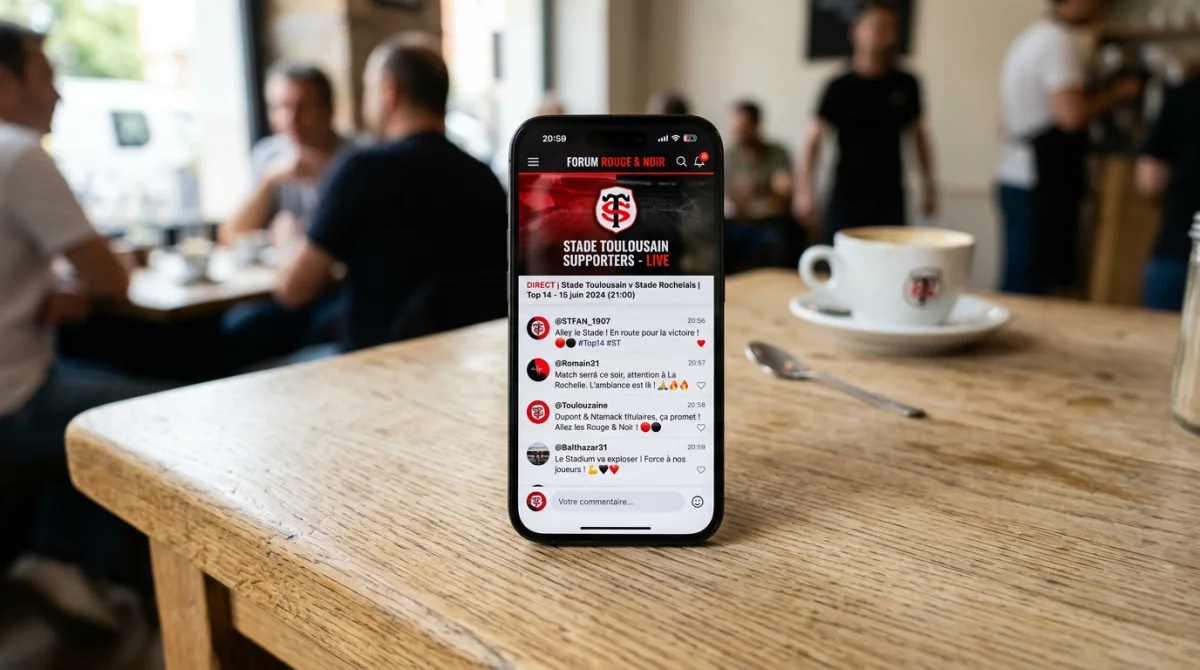 Smartphone affichant le forum du Stade Toulousain sur une table en bois dans un café moderne.