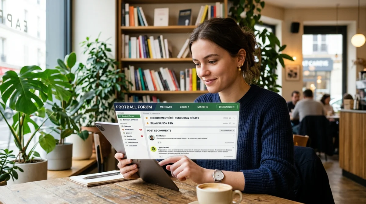 Jeune passionné consultant le forum de football Dzfoot sur une tablette dans un café moderne et lumineux.