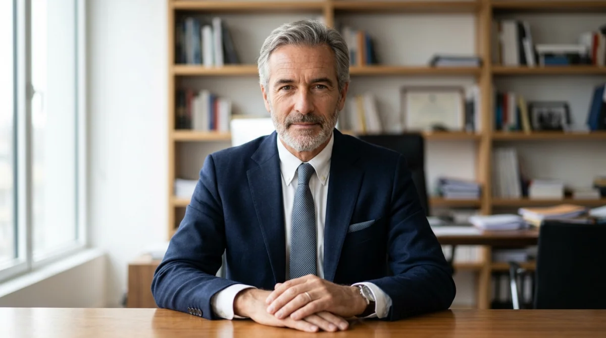 Portrait professionnel de Laurent Nuñez dans un bureau moderne, reflétant une posture calme et institutionnelle.