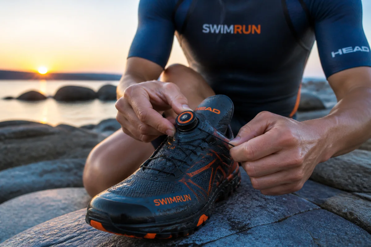 Athlète ajustant le système de laçage rapide d'une chaussure de trail technique pour le swimrun sur une plage.