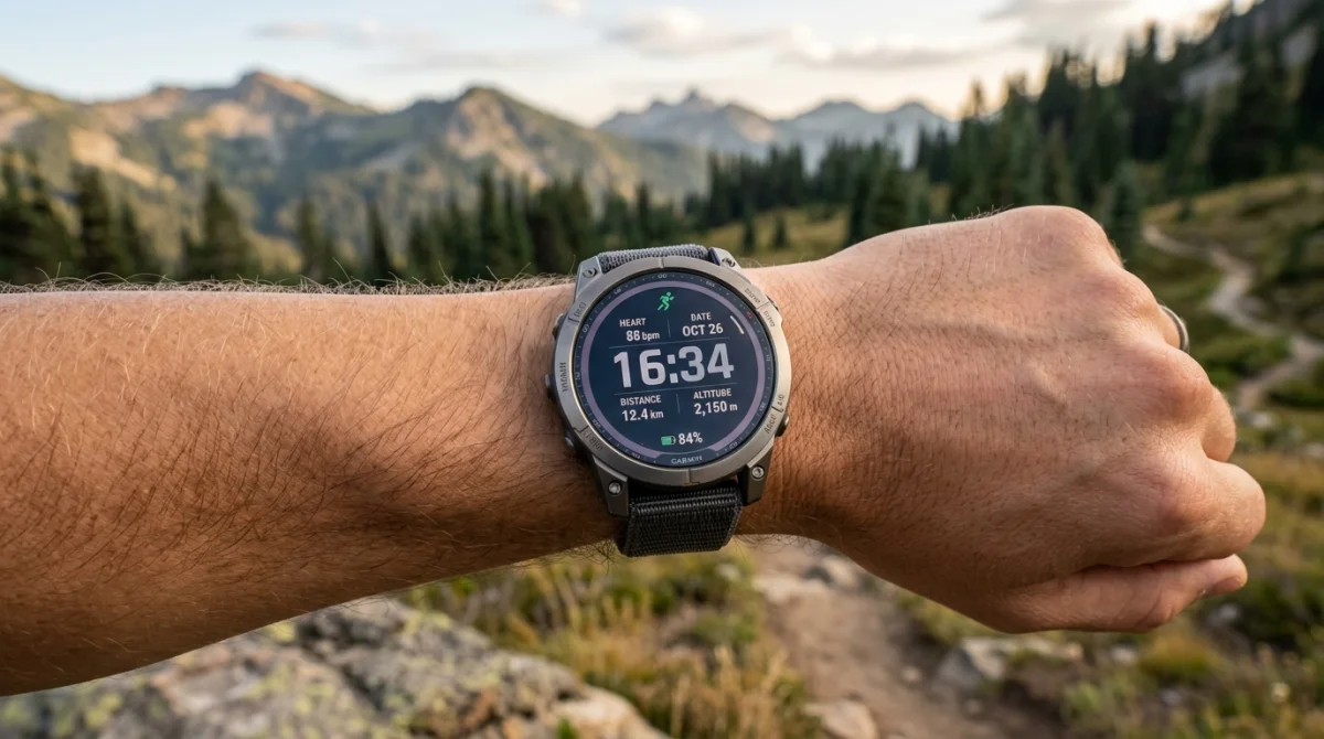 Montre Garmin Fenix 8 Sapphire AMOLED portée en extérieur, idéale pour choisir sa Garmin pour le triathlon.