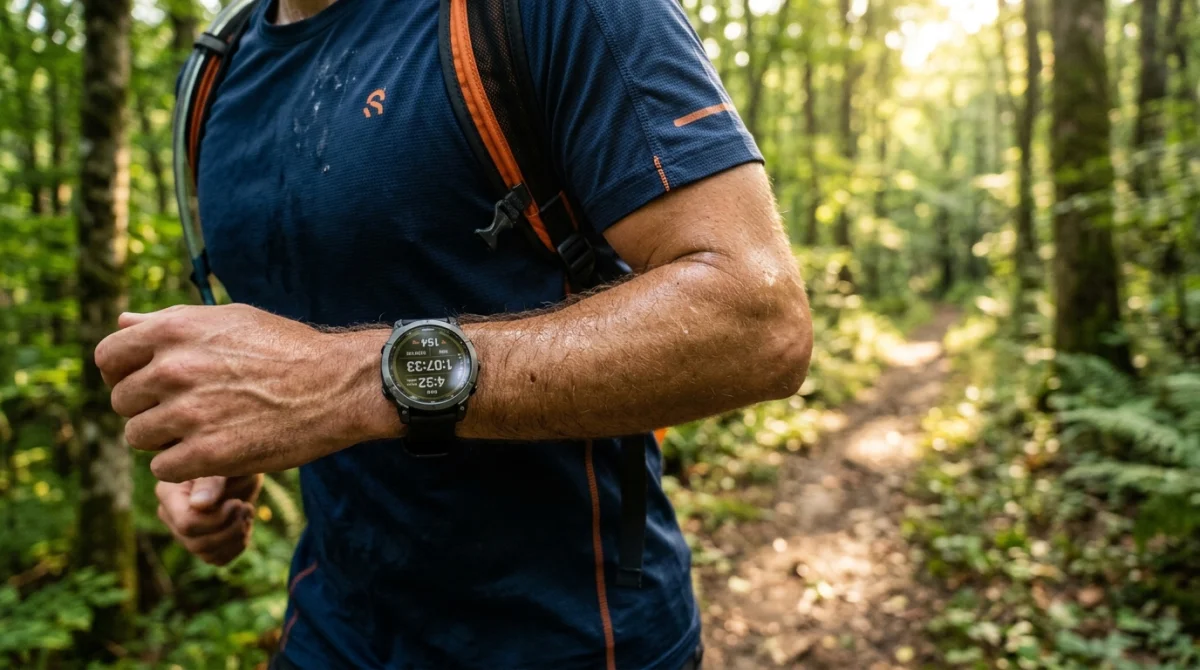 Athlète portant une montre Garmin Fenix 8 lors d'un entraînement en forêt pour choisir quelle Garmin pour triathlon.