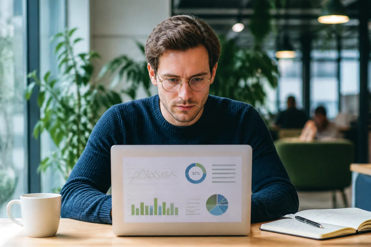 Jeune professionnel concentré devant son ordinateur dans un espace de co-working pour analyser des poteaux carrés forum.