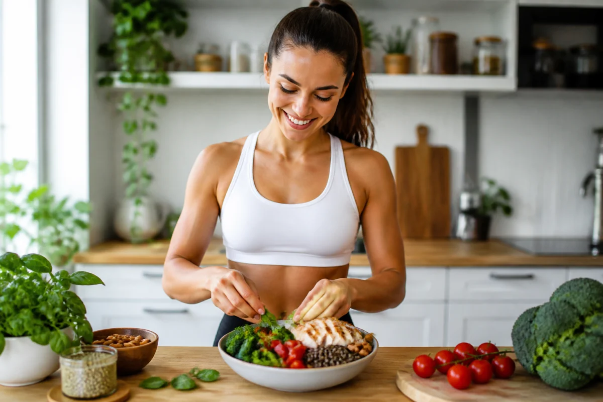 Personne athlétique préparant un bol nutritif riche en protéines dans une cuisine moderne pour une alimentation saine.