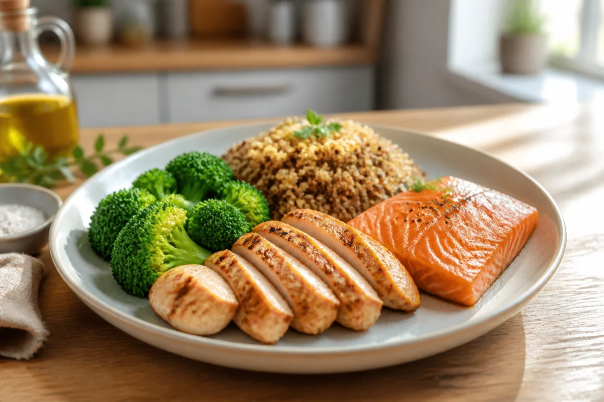 Assiette équilibrée avec poulet, saumon, quinoa et brocolis pour illustrer combien de gramme de proteine par repas.
