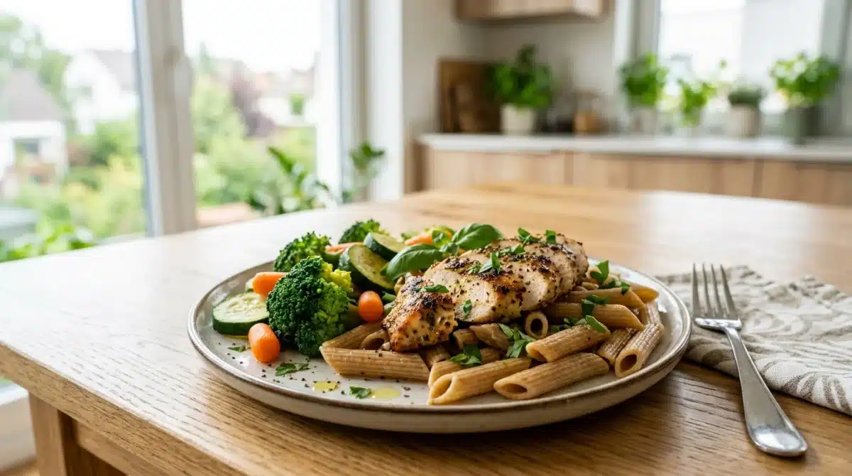 Assiette équilibrée de pâtes complètes, poulet et légumes, idéale pour savoir que manger avant un triathlon.