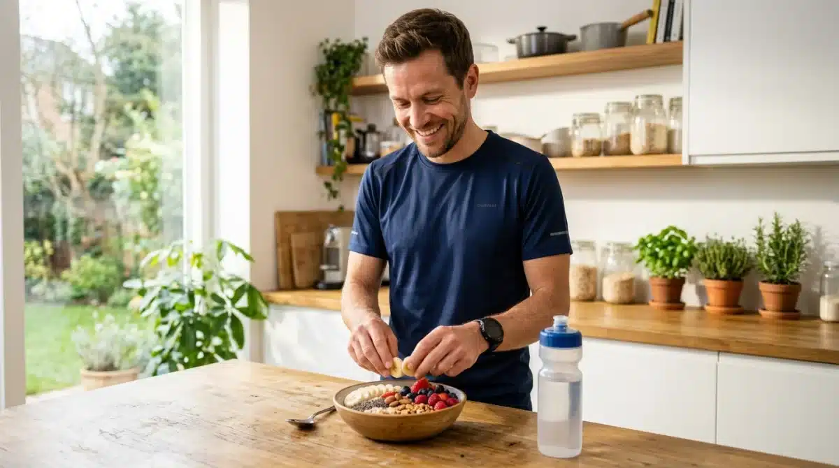 Triathlète souriant préparant un bol équilibré de flocons d'avoine et fruits pour bien manger avant un triathlon.