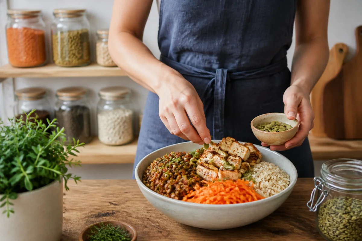 Personne préparant un bol sain de lentilles, quinoa et tofu pour augmenter son apport en protéine végétale.