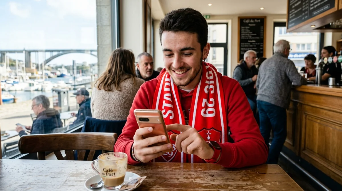 Jeune supporter enthousiaste consultant le forum Allez Brest sur son smartphone dans un café du port.