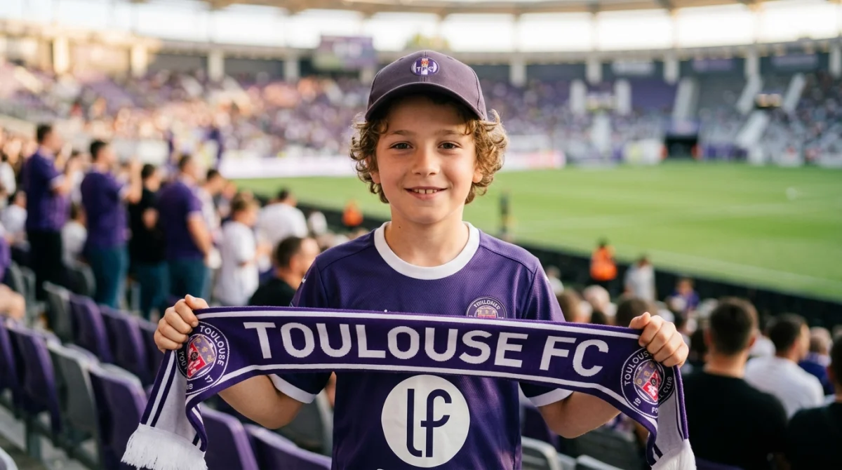 Jeune supporter enthousiaste portant le maillot violet du TFC avec une écharpe dans les tribunes du Stadium.