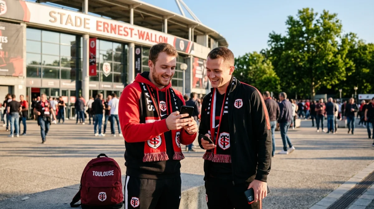 Deux supporters du Stade Toulousain souriants discutant sur leurs smartphones devant le stade Ernest-Wallon ensoleillé.