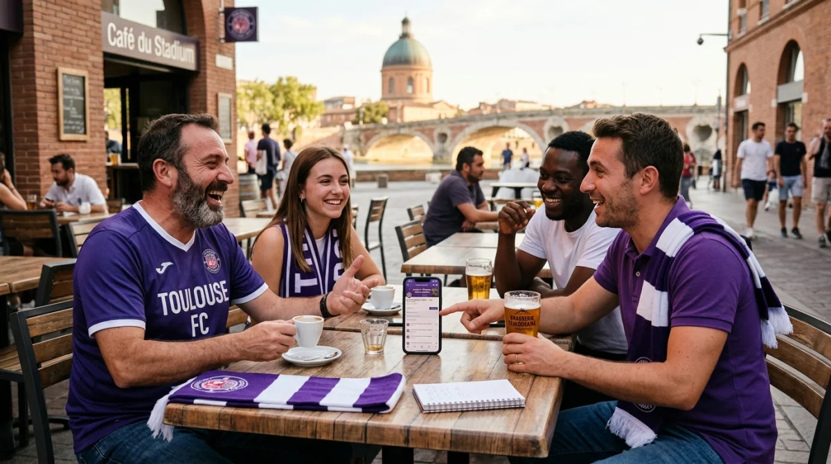 Supporters du TFC échangeant joyeusement sur le forum du club autour d'un café en terrasse à Toulouse.