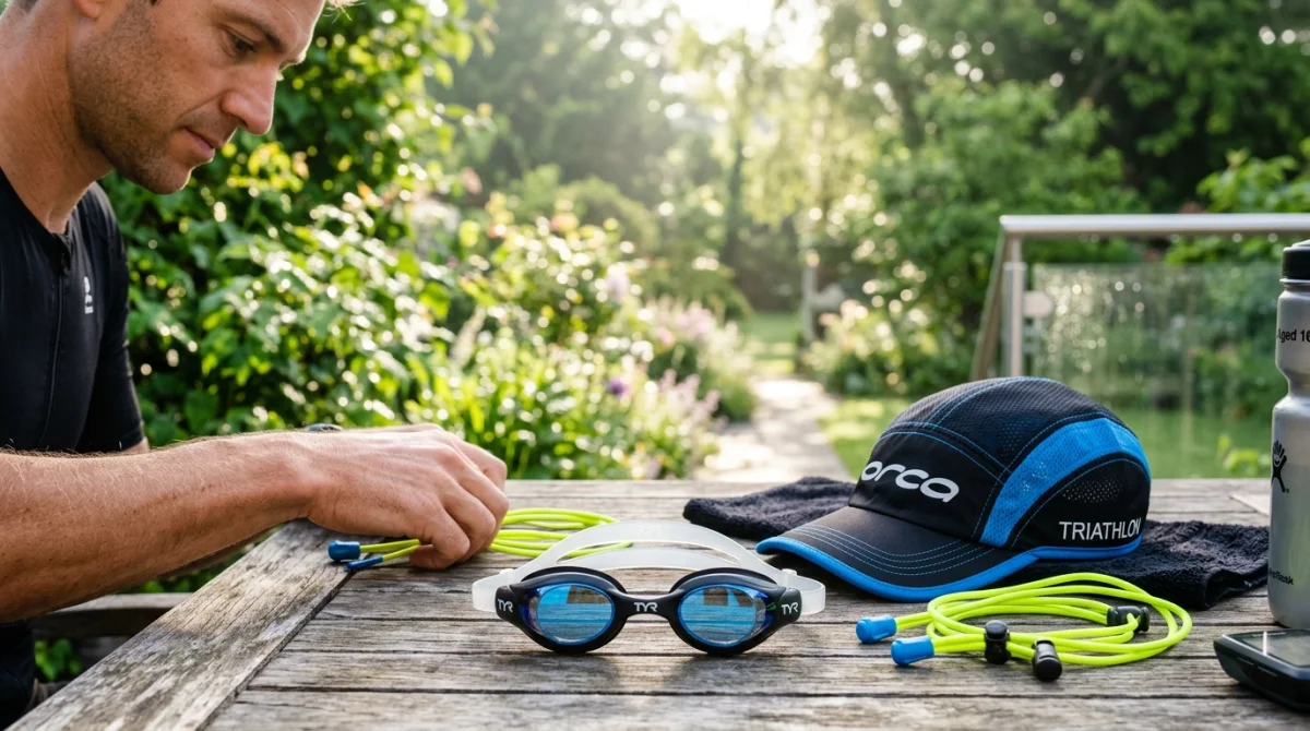 Accessoires essentiels de triathlon disposés sur une table en bois pour préparer sa tenue de compétition.