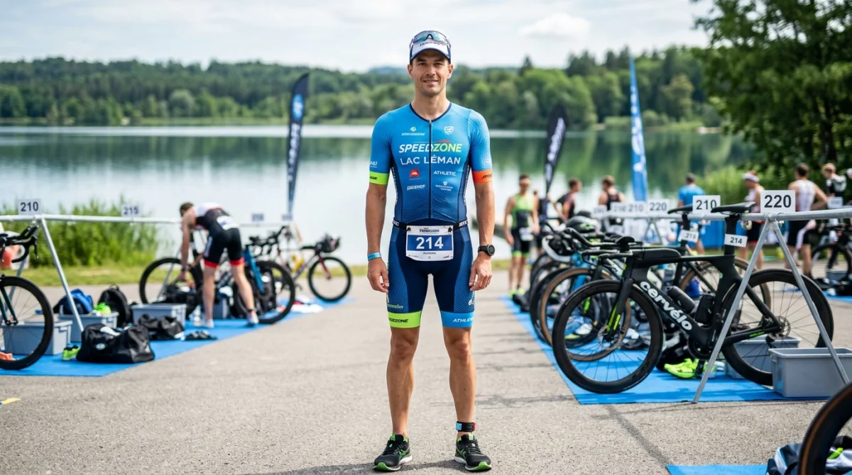 Athlète en tenue de triathlon professionnelle posant sereinement dans une zone de transition au bord d'un lac.