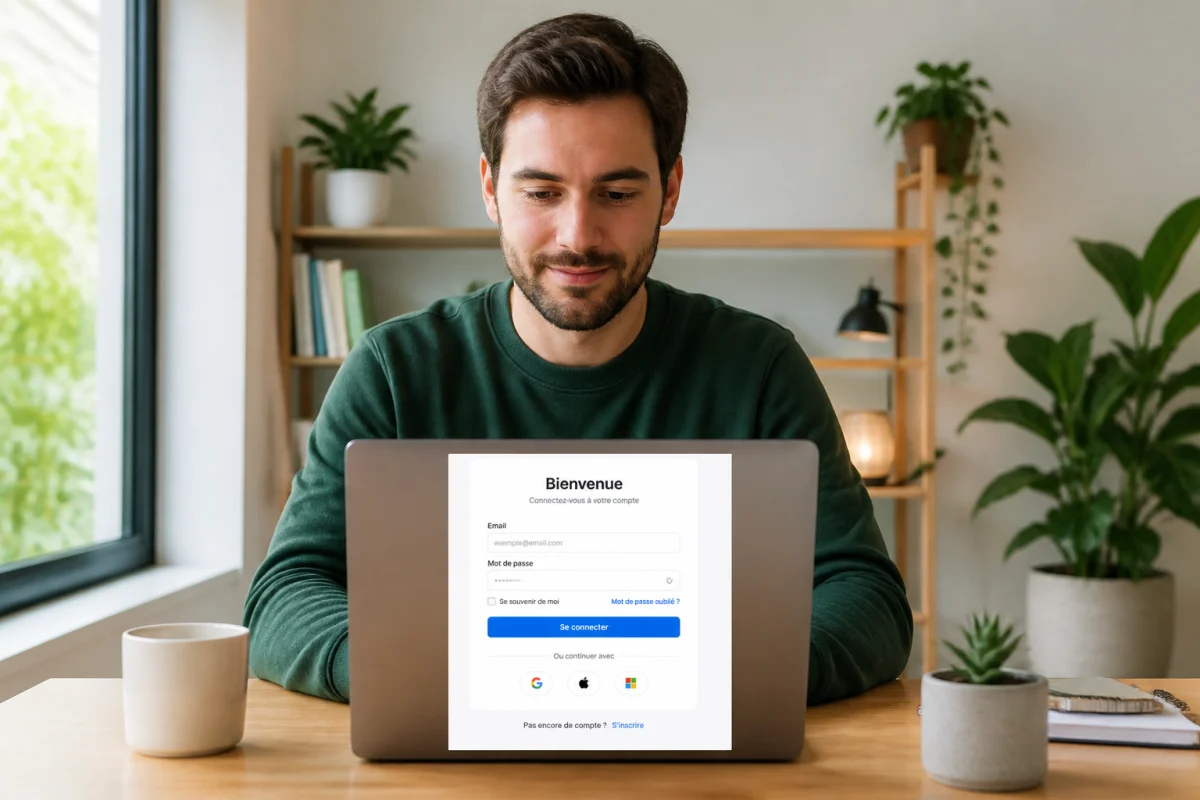 Utilisateur concentré travaillant sur un ordinateur portable dans un espace de travail minimaliste pour le forum poteaux carres.