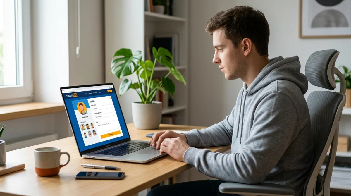 Utilisateur personnalisant son profil sur un forum catch depuis son ordinateur dans un bureau moderne et lumineux.