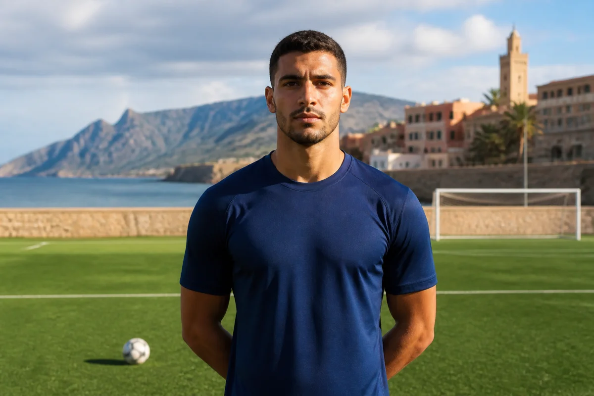 Jeune défenseur de football évoquant l’origine franco-marocaine d’Adil Rami, sur un terrain méditerranéen inspiré de la Corse.