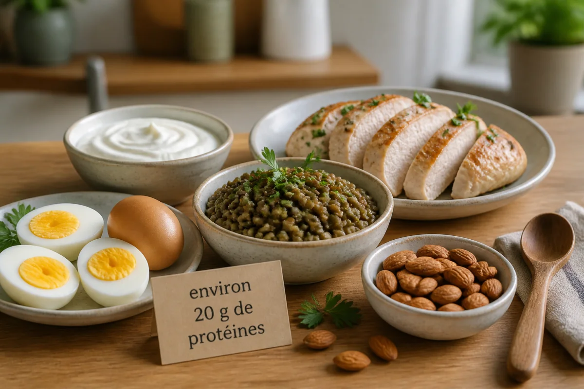 Œufs, yaourt grec, poulet, lentilles et amandes illustrant une portion d’environ 20 grammes de protéines.