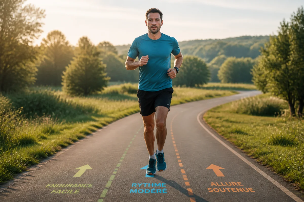 Coureur alternant les rythmes sur un chemin verdoyant au lever du jour, illustrant l’allure en course à pied