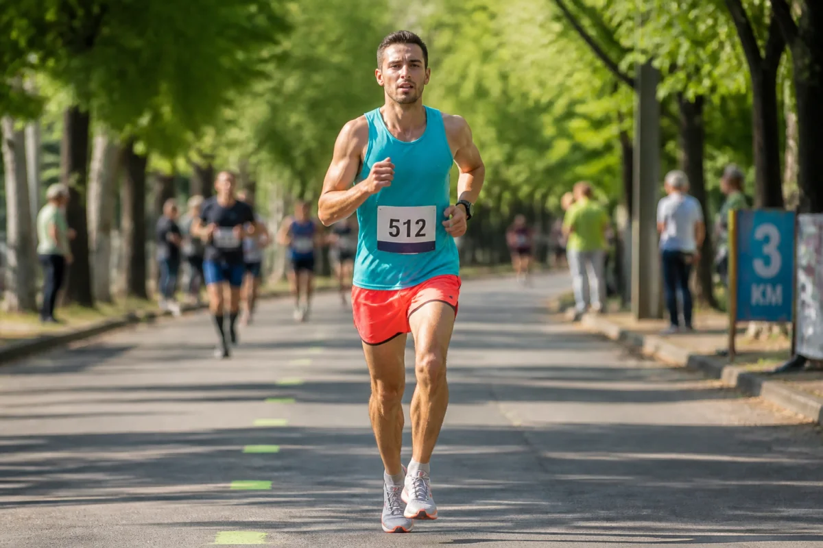 Coureur amateur sur 5 km à allure soutenue, sur parcours urbain arboré avec montre sportive et repère kilométrique