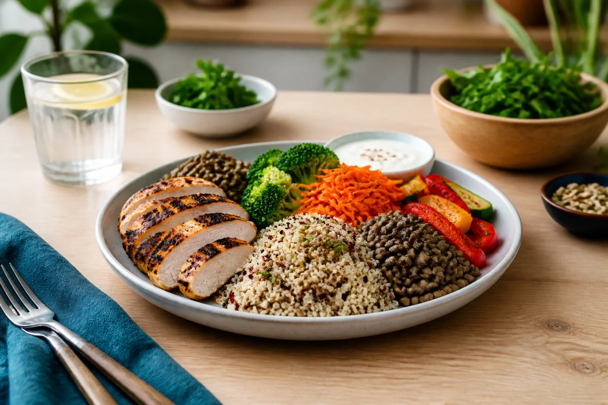 Assiette équilibrée riche en protéines avec poulet grillé, lentilles, quinoa, légumes colorés et yaourt nature pour atteindre 60 g quotidiens