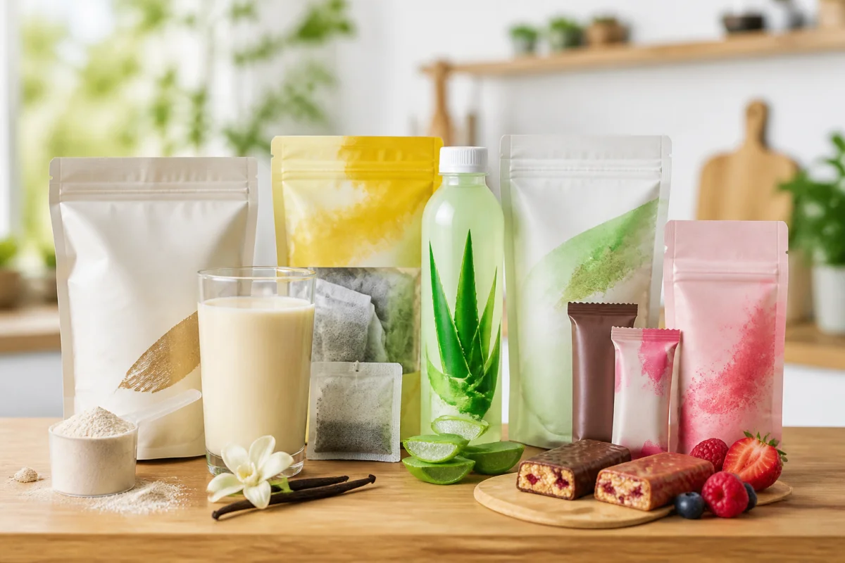 Assortiment de produits nutritionnels Herbalife sans logo, avec boisson protéinée, thé, aloe vera, fibres et barres énergétiques