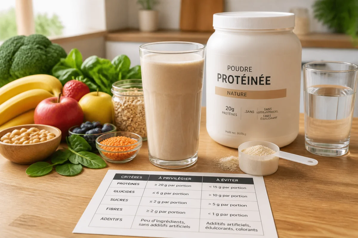 Shake protéiné générique entouré de fruits, légumes et d’une fiche nutritionnelle comparative pour évaluer les produits Herbalife