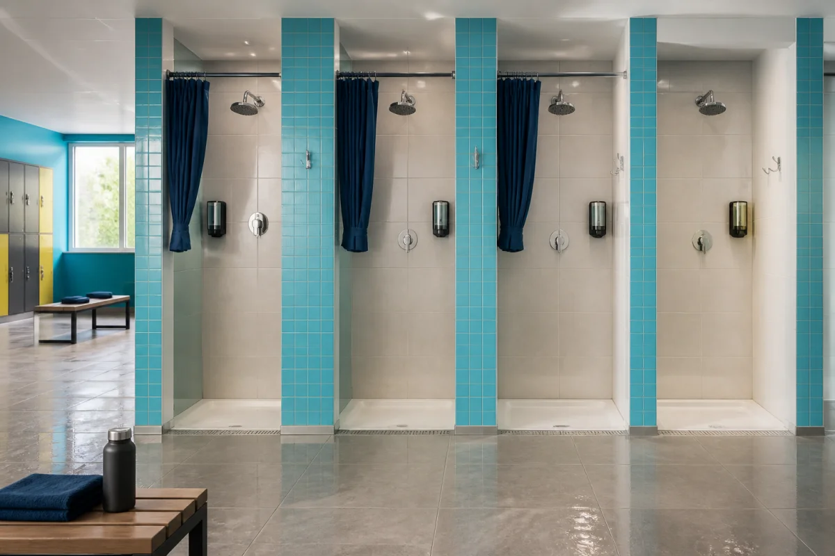 Cabines de douche individuelles dans un vestiaire de salle de sport moderne, illustrant la question Basic-Fit douche individuelle ou collective