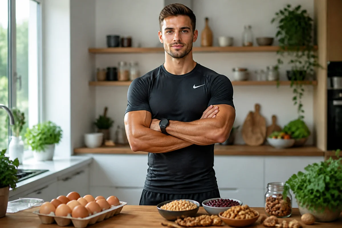 Athlète en cuisine préparant des aliments sains pour optimiser son calcul besoin protéine quotidien et sa nutrition sportive.