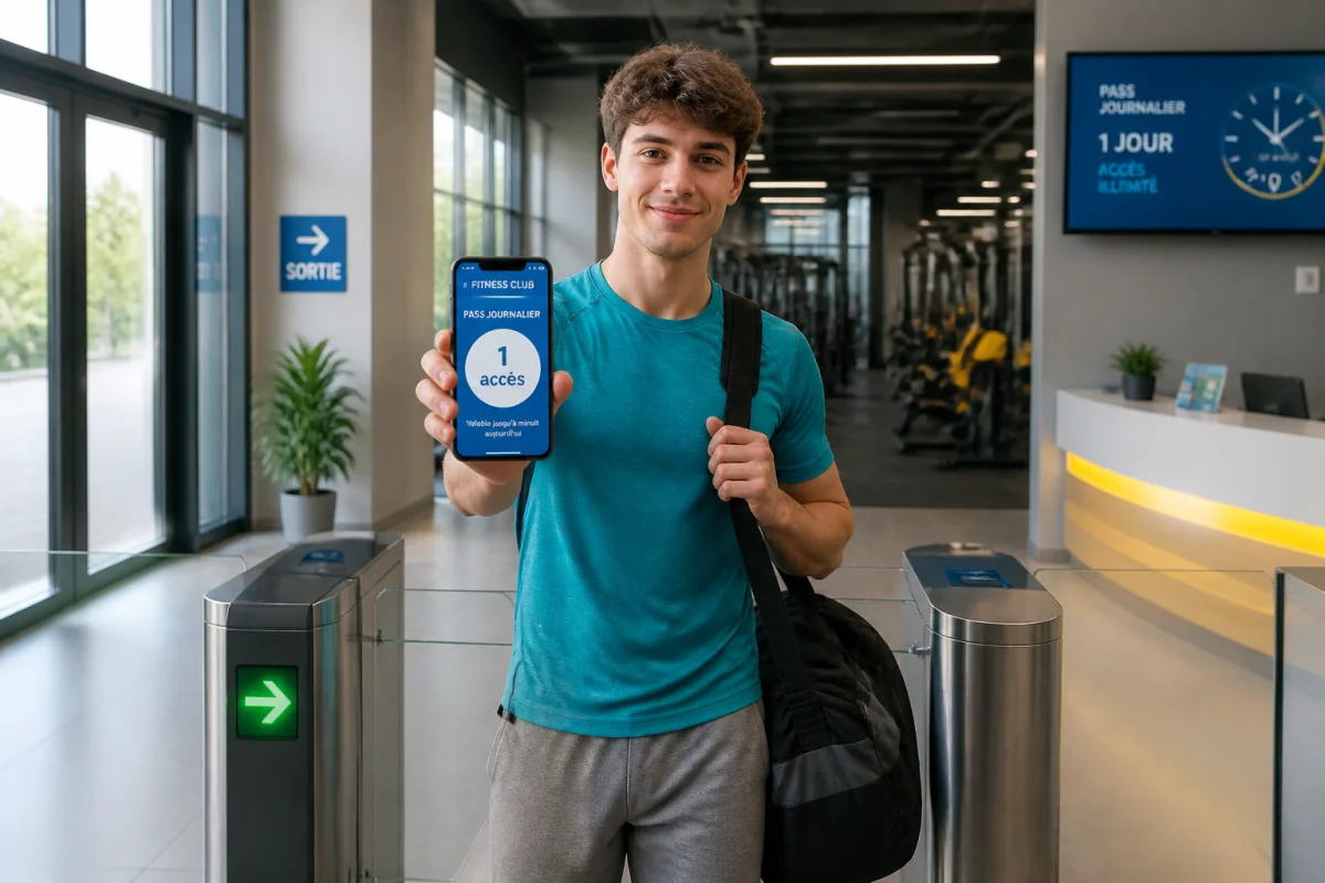 Jeune adulte quittant une salle de sport avec un pass journalier Basic-Fit affichant « 1 accès » sur smartphone