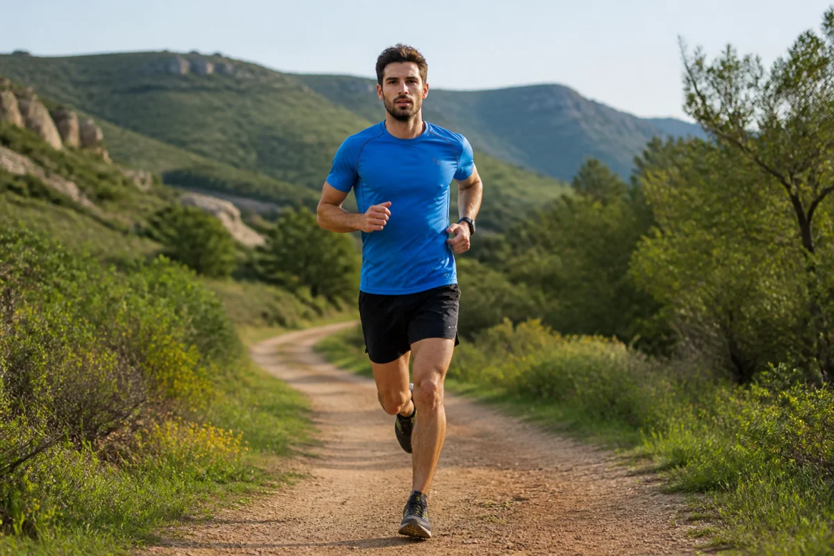 Coureur de fond en pleine foulée sur un sentier naturel pour améliorer son temps semi marathon.