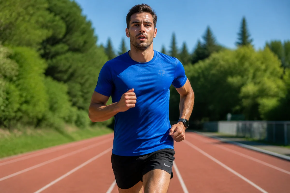 Coureur athlétique en pleine foulée sur une piste d'athlétisme pour améliorer son temps semi marathon en extérieur.
