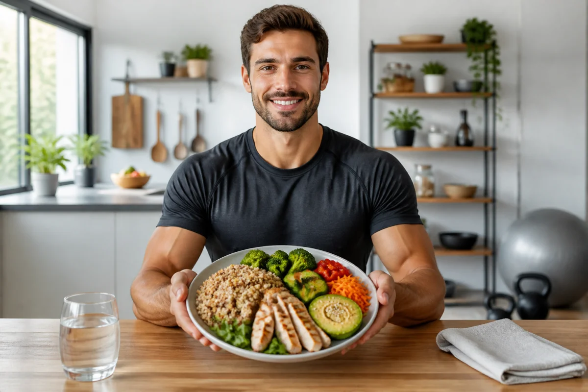 Sportif présentant une assiette équilibrée, illustrant les limites de manger que des protéines pour la santé.