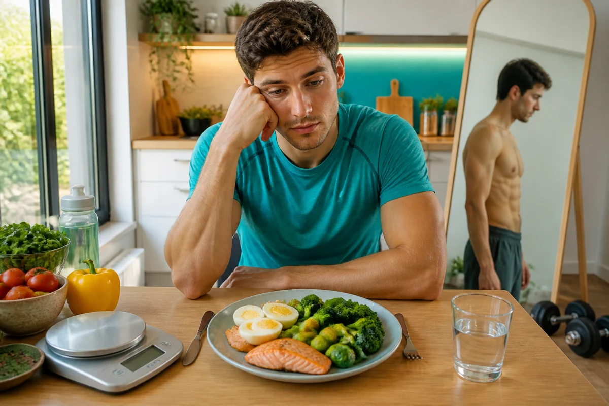 Adulte en tenue turquoise devant une assiette riche en protéines, avec légumes, miroir et haltères en arrière-plan