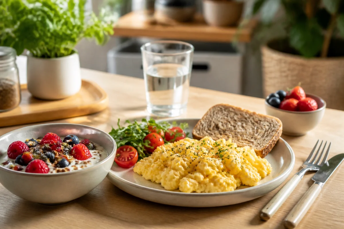 Petit-déjeuner riche en protéines avec œufs brouillés, yaourt grec, fruits rouges et pain complet pour atteindre 60 g.