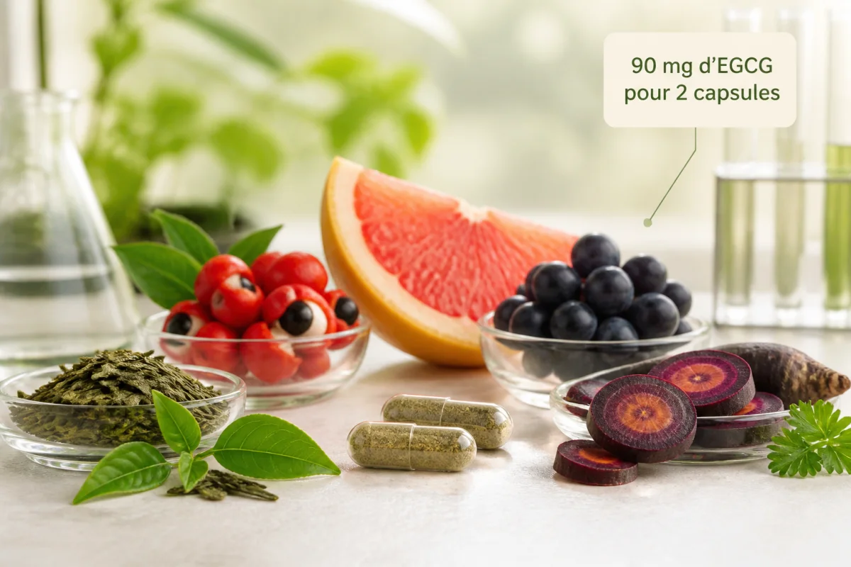 Phyto Complete Herbalife avis : deux capsules végétales entourées de guarana, thé vert, pamplemousse, raisin et carotte noire.