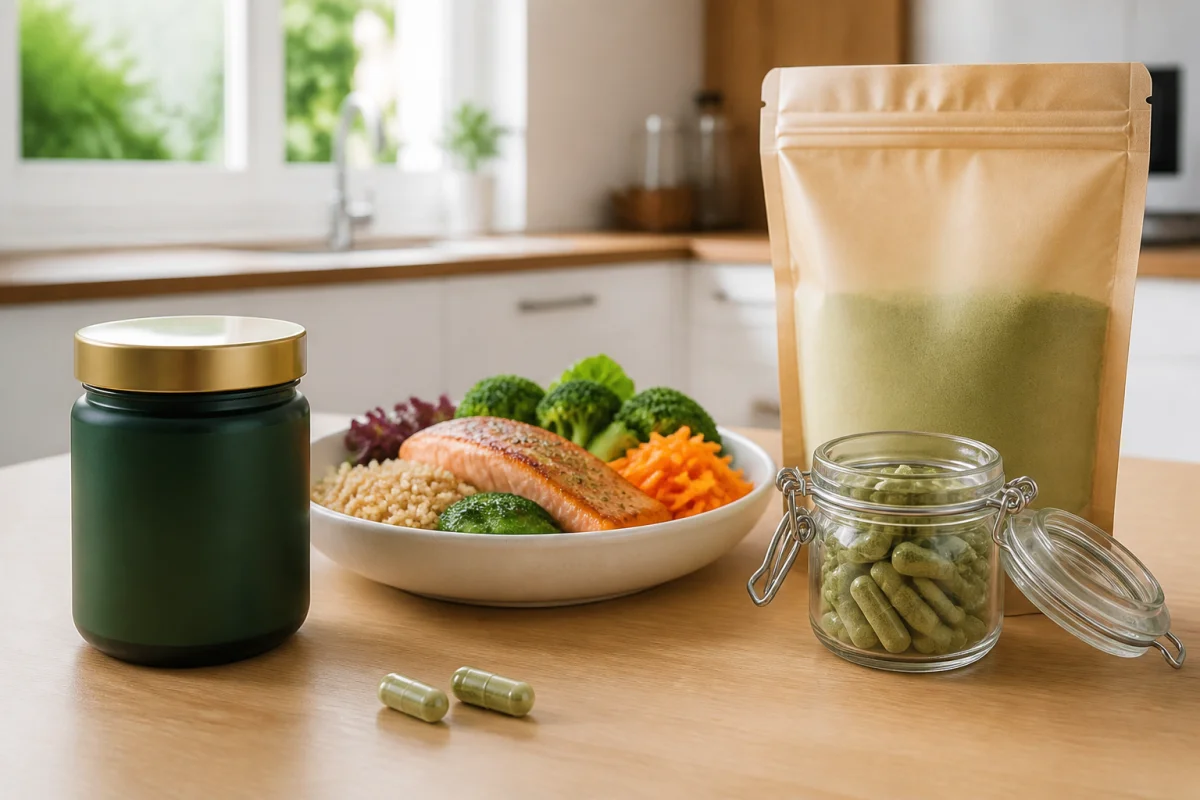 Capsules végétales Phyto Complete Herbalife près d’un repas équilibré, d’un bocal hermétique et d’un sachet recharge neutre