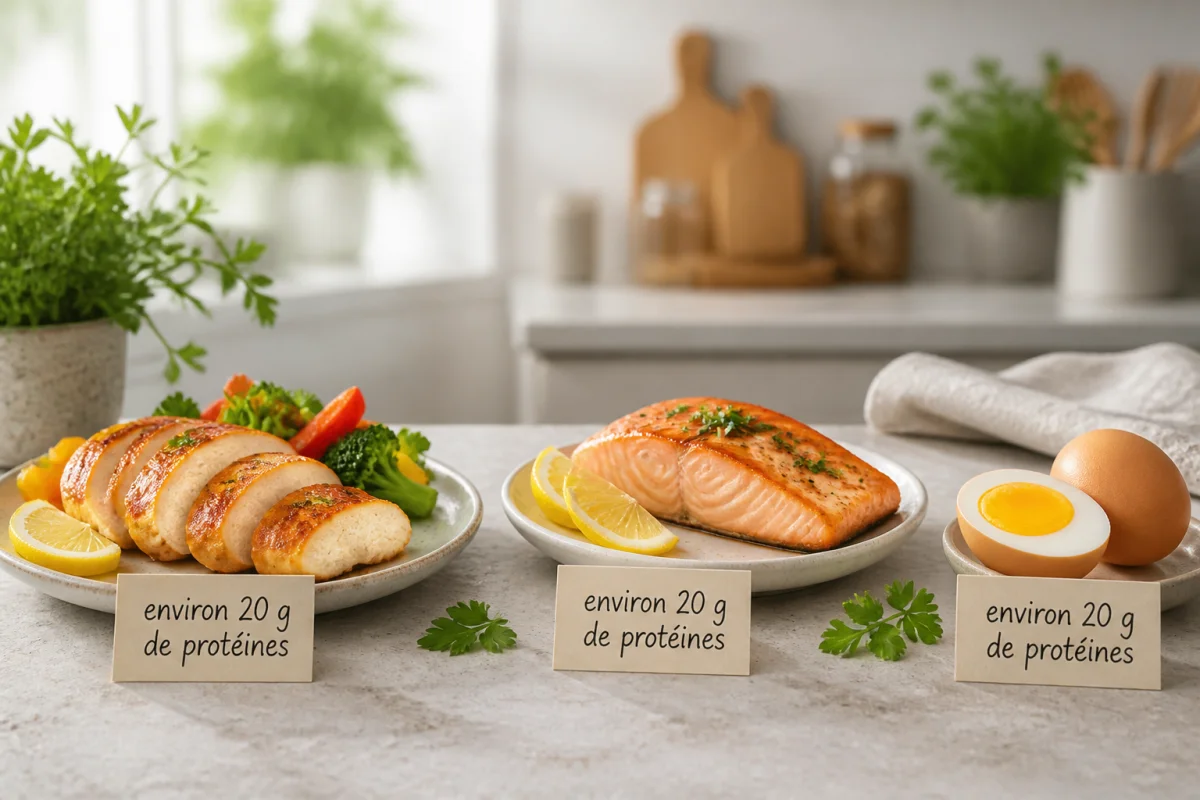 Portions de poulet, poisson et œufs illustrant chacune environ 20 grammes de protéines, avec légumes et herbes fraîches