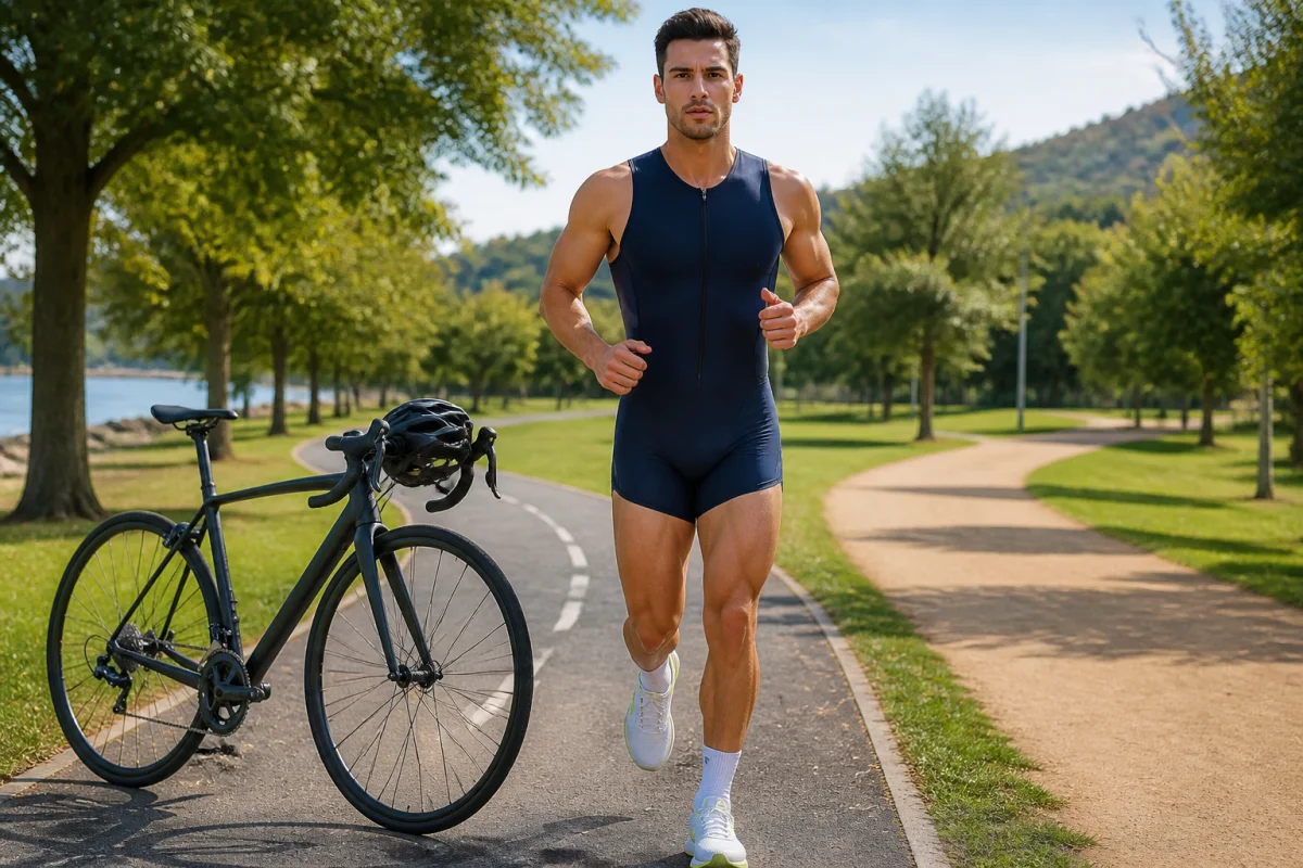 Athlète de triathlon entre vélo et course dans un parc verdoyant, illustrant pourquoi faire du triathlon pour améliorer son endurance