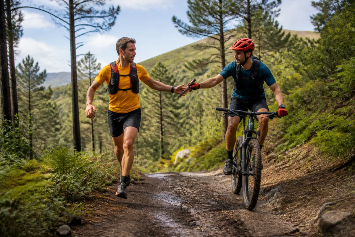 Relais fluide en run and bike sur un sentier vallonné, coureur en montée et cycliste prêt à changer.