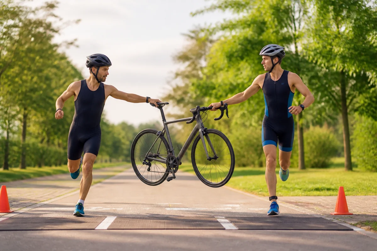Run and bike : quand changer lors d’une transmission fluide du vélo entre deux sportifs dans un parc verdoyant.