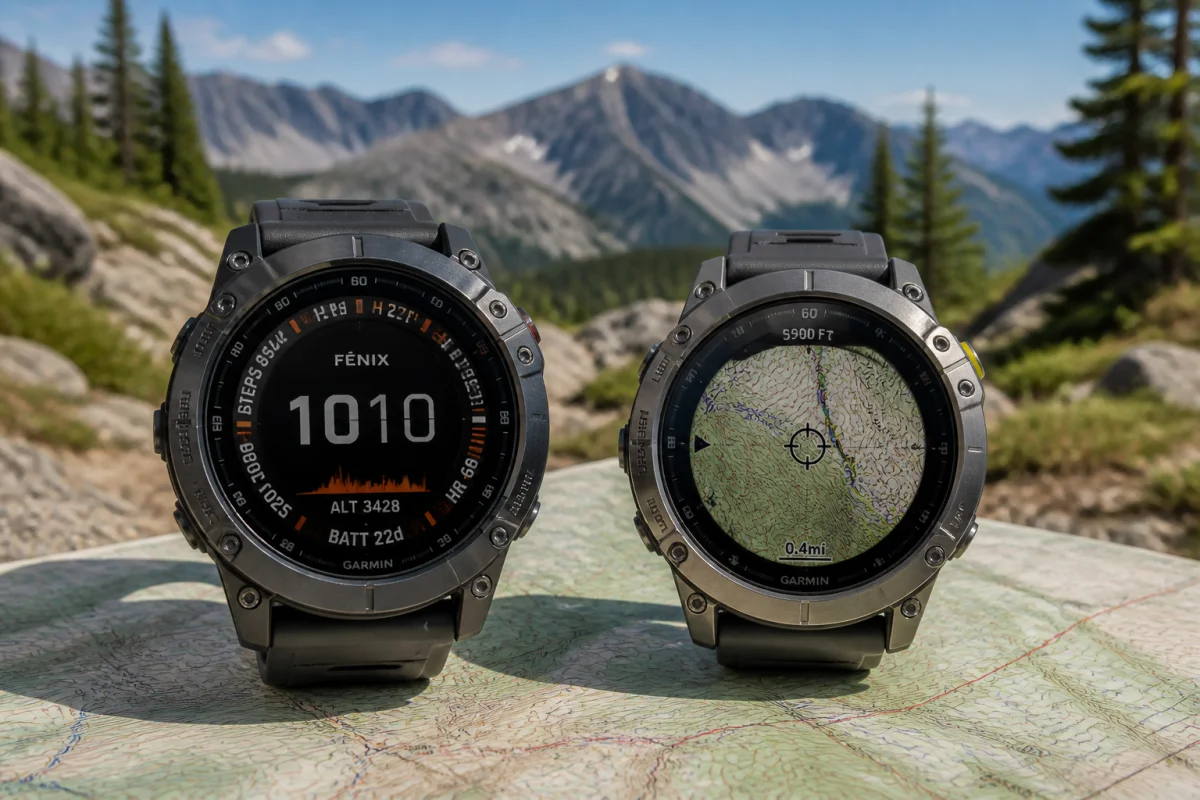 Deux montres GPS Suunto et Garmin affichant une carte et des données d’altitude sur un sentier de montagne.