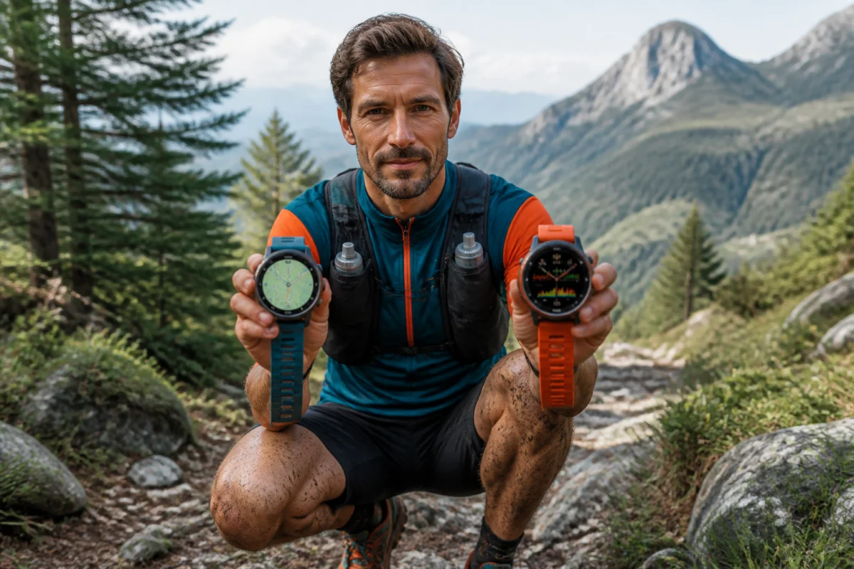 Coureur de trail présentant deux montres GPS outdoor sur un sentier alpin, pour choisir entre Suunto ou Garmin