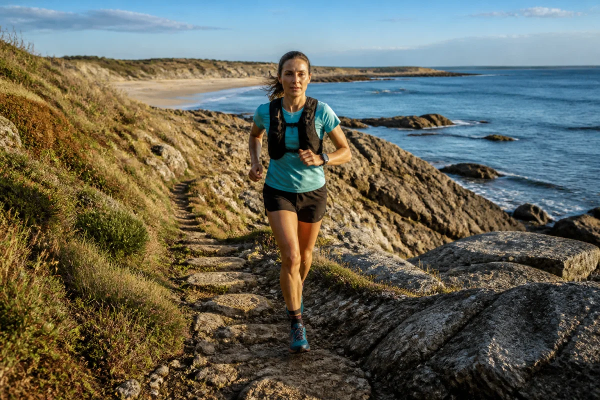 Coureur de trail sur un sentier côtier rocheux, entre falaises, plage et mer, lors du Trail du Bout du Monde